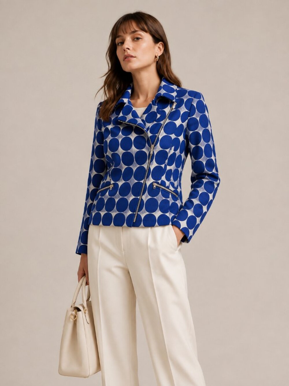ELLA COLLECTION | Royal Blue Wool Polka Dot Zip-Up Jacket – Size 40